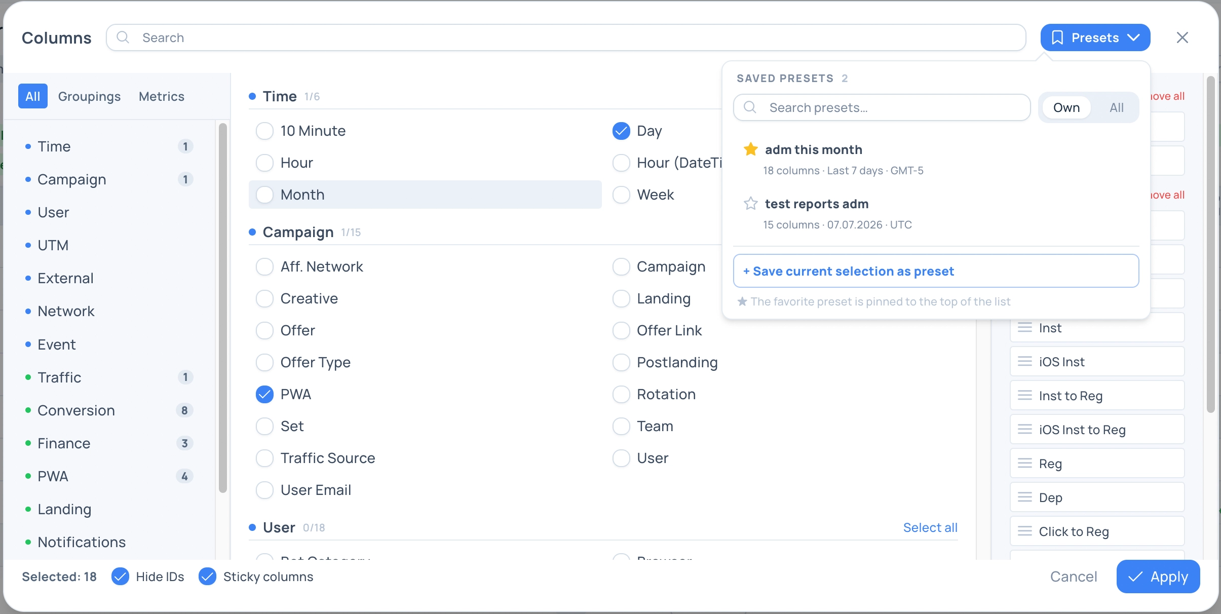 The presets panel: the search field, the “Own/All” toggle, several preset rows (star, name, meta caption), and pagination at the bottom.
