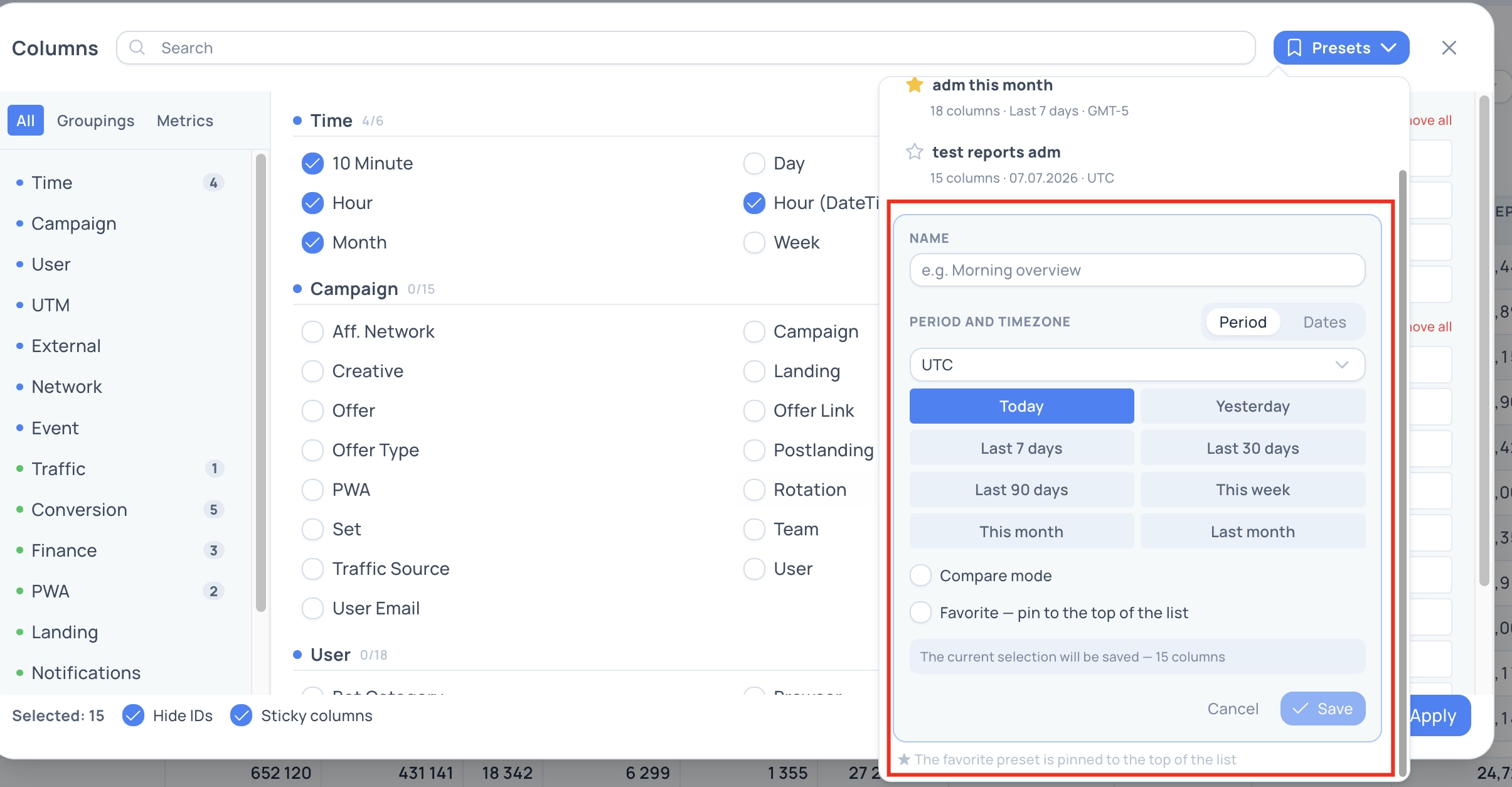 The create-preset form: the “Name” field, the “Period/Dates” switch set to “Period”, the grid of period buttons, the time zone select, and the “Favorite” checkbox.